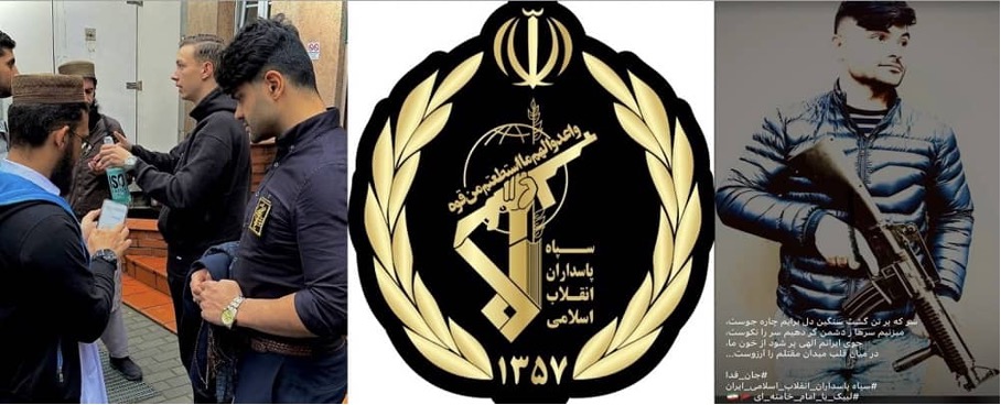 Unbenannt34 Links: Shayan Tousynezhad (mit dem Gesicht zur Kamera) trägt während einer öffentlichen Versammlung ein Emblem der Islamischen Revolutionsgarde (IRGC). Mitte: Offizielles IRGC-Emblem. Rechts: Shayan Tousynezhad posiert mit einer Schusswaffe in einem Social-Media-Beitrag, lobt öffentlich die IRGC und verwendet Hashtags zur Unterstützung des Obersten Führers des iranischen Regimes.