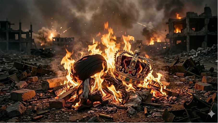 Ein dramatisches, KI-generiertes Bild zeigt eine Krone und einen Turban, die inmitten der Trümmer eines Kriegsgebietes in Flammen stehen.